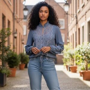 POL Clothing Lace Trim Ruffle Boho Blouse Slate Blue Size S